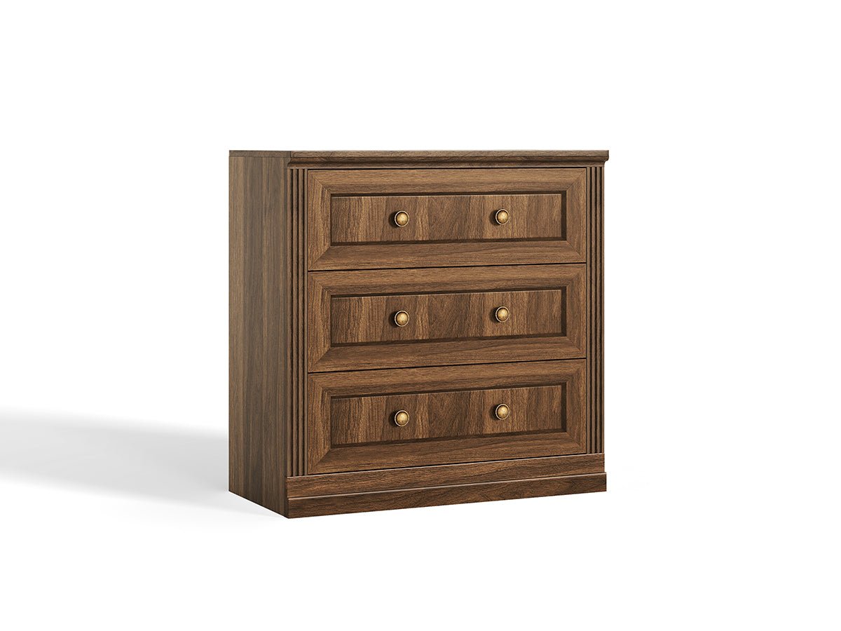 Monos walnut drawer storage cabinet shown on a clean white background