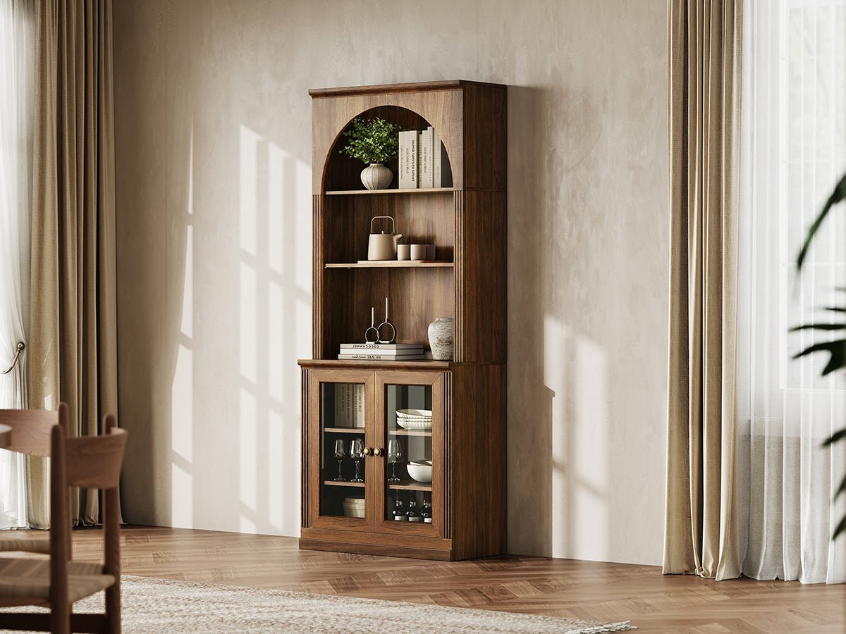 Monos walnut tall flat-top display cabinet styled in a warm lifestyle room scene