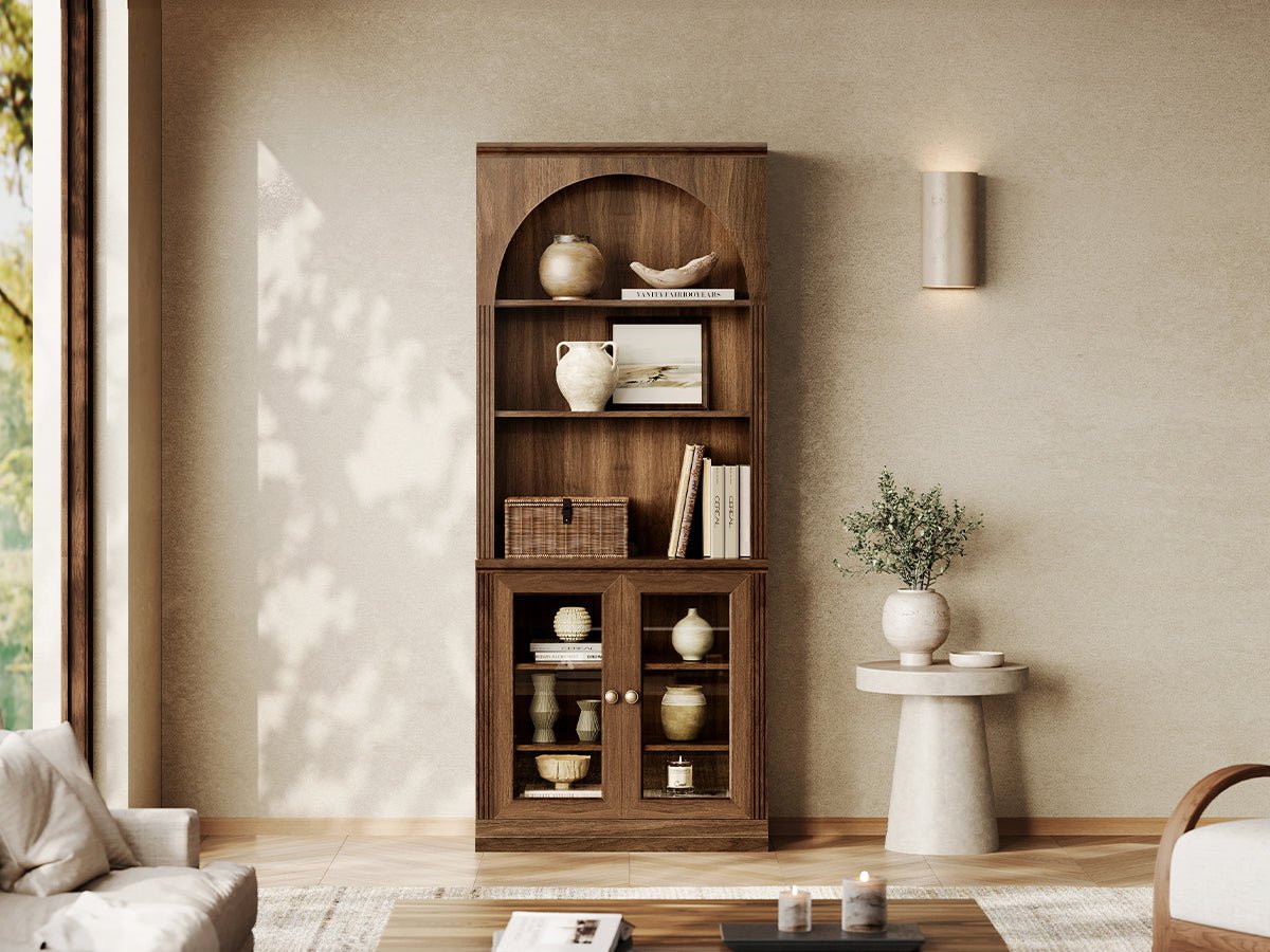 Monos walnut flat-top display cabinet with open shelves and glass doors in a living room