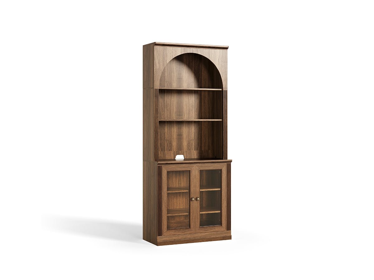 Monos walnut tall flat-top glass door display cabinet shown on a clean white background