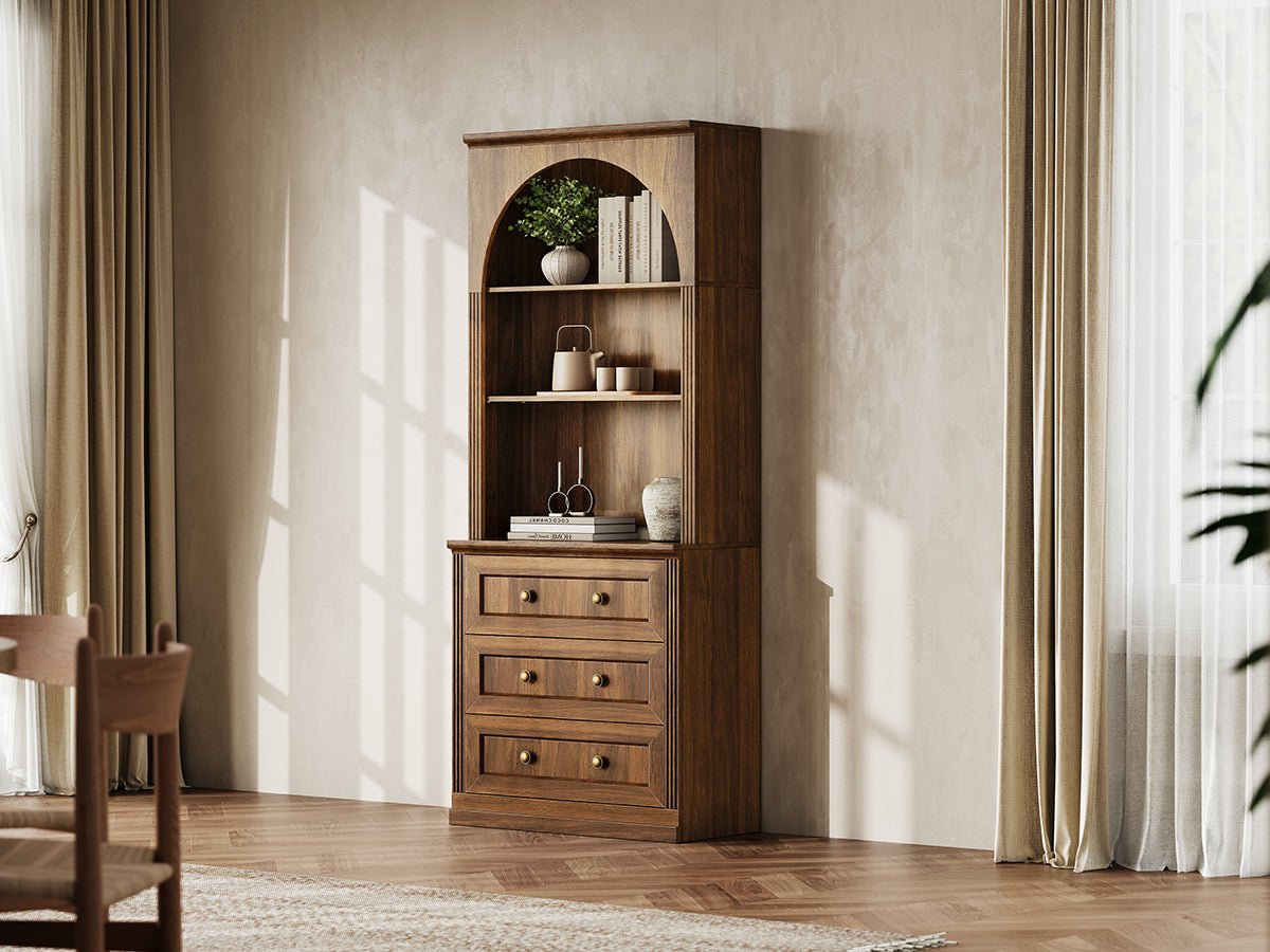 Monos walnut tall flat-top drawer cabinet styled in a warm lifestyle room scene