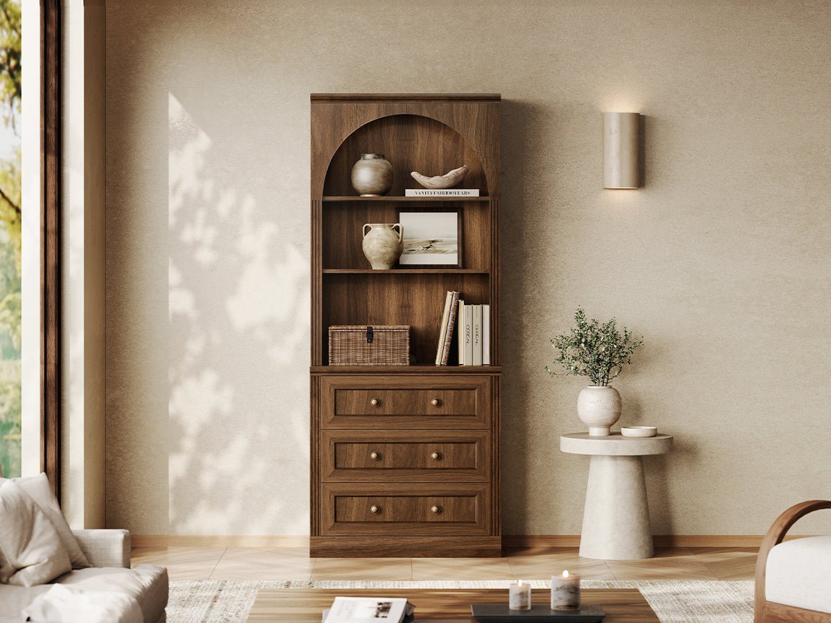 Monos walnut flat-top drawer cabinet with open shelves and lower drawers in a living room
