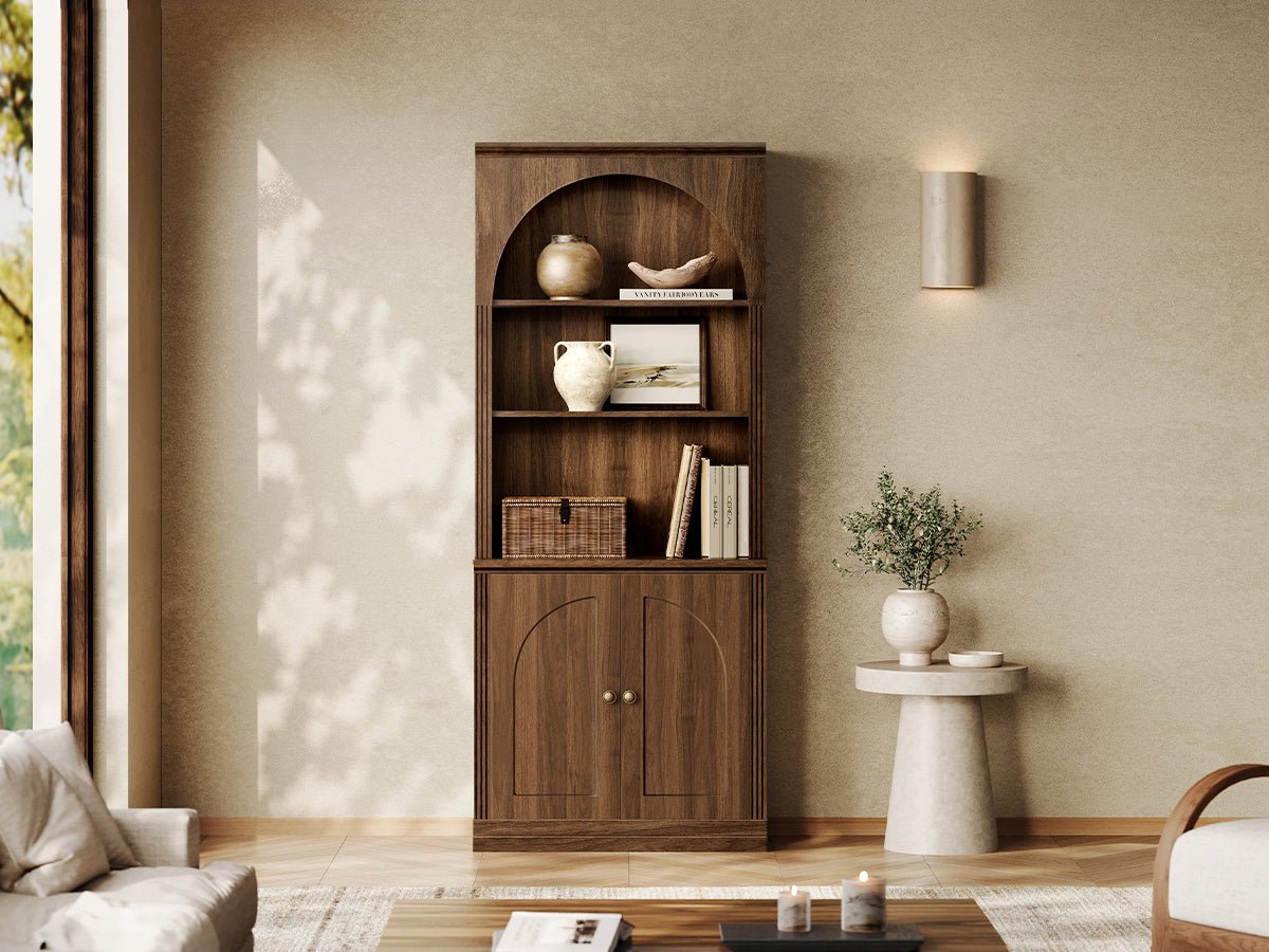 Monos walnut flat-top storage cabinet with open shelves and lower doors in a living room