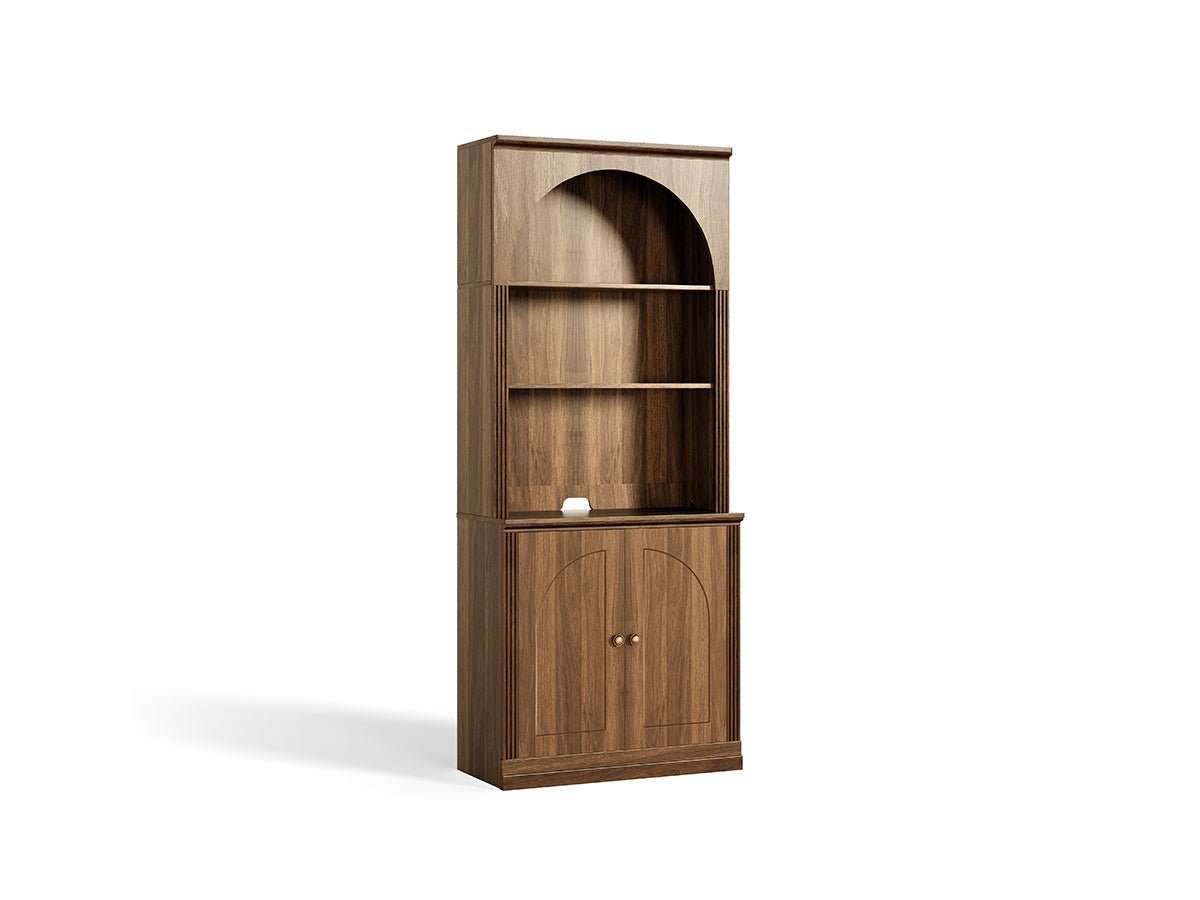 Monos walnut tall flat-top hinged storage cabinet shown on a clean white background