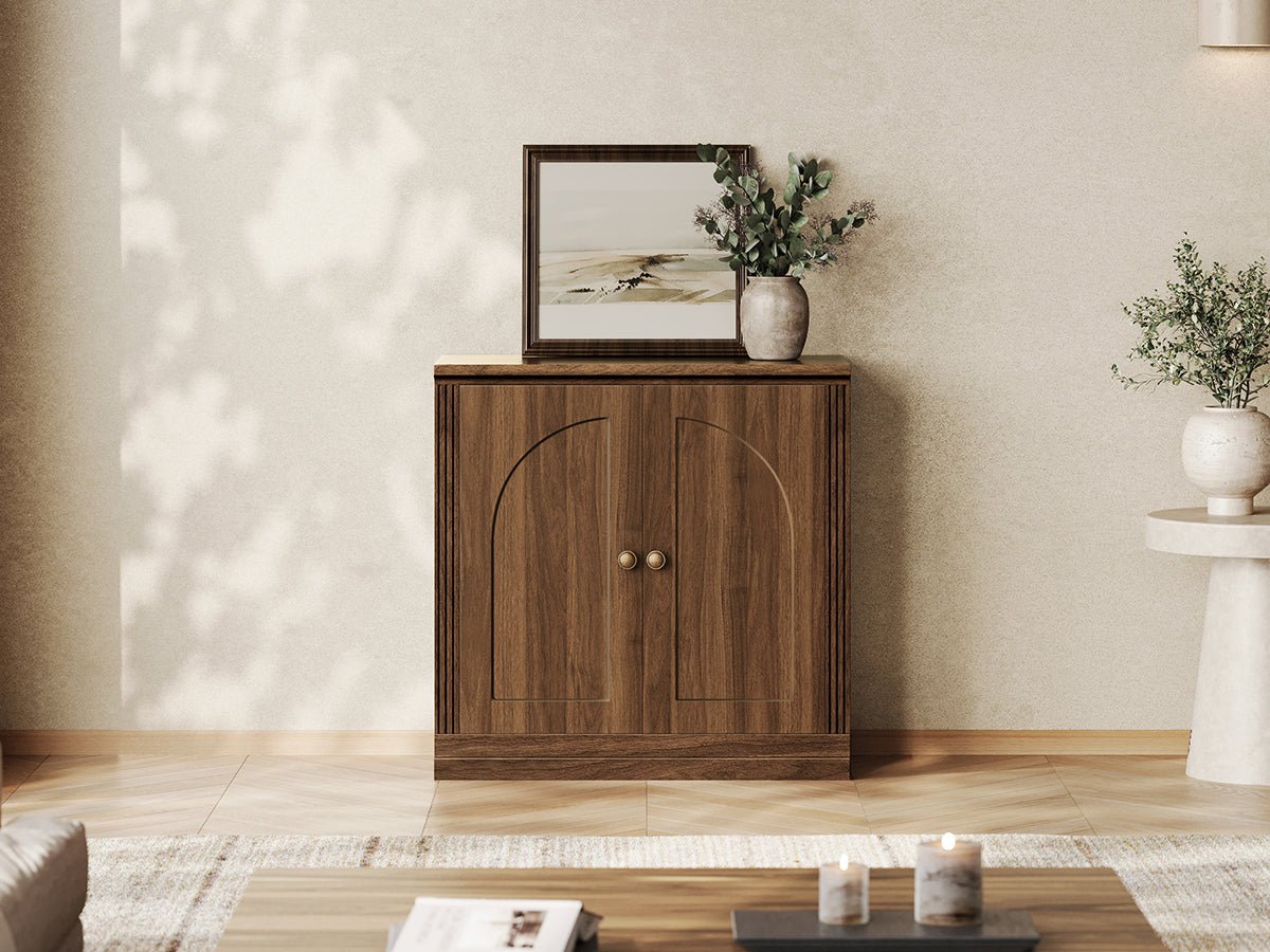 Monos walnut hinged modular cabinet displayed in a warm living room setting