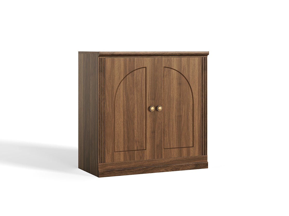 Monos walnut hinged storage cabinet shown on a clean white background