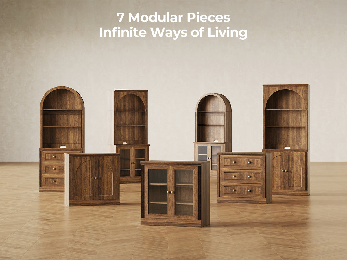Monos walnut modular storage cabinet collection with seven configurable pieces