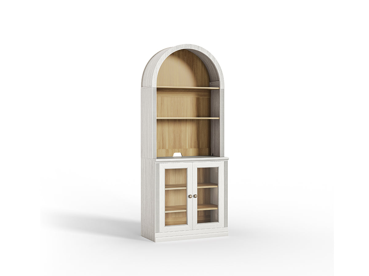 Monos white tall arch-top glass door display cabinet shown on a clean white background