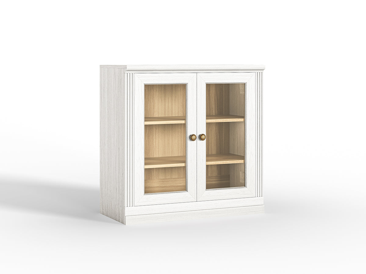 Monos white glass door display storage cabinet shown on a clean white background