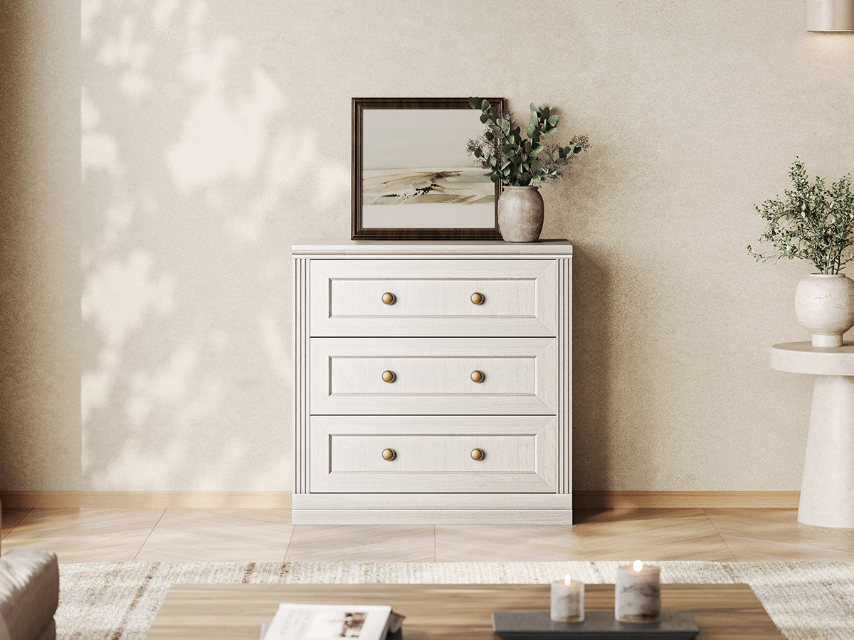 Monos white modular drawer cabinet displayed in a bright living room setting