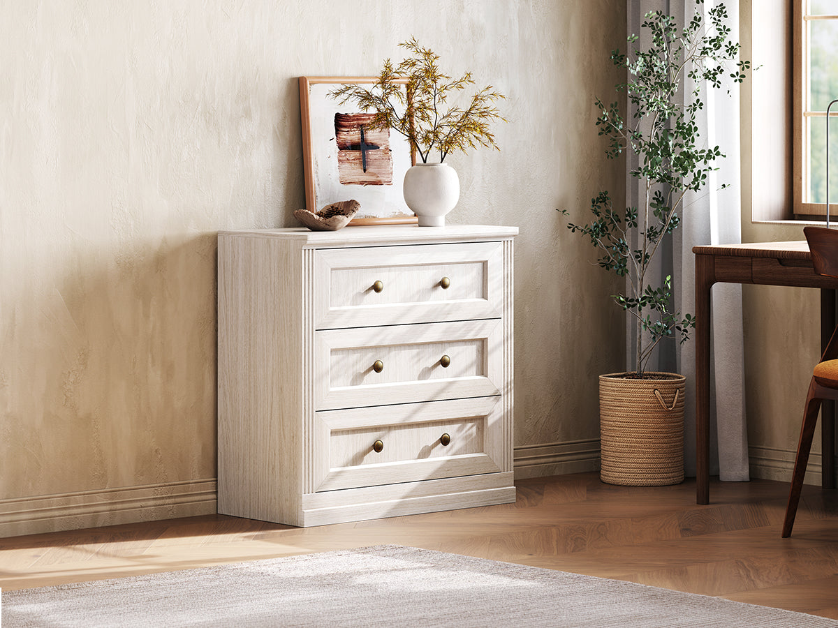 Monos white drawer storage cabinet displayed beside a window in a bright room scene