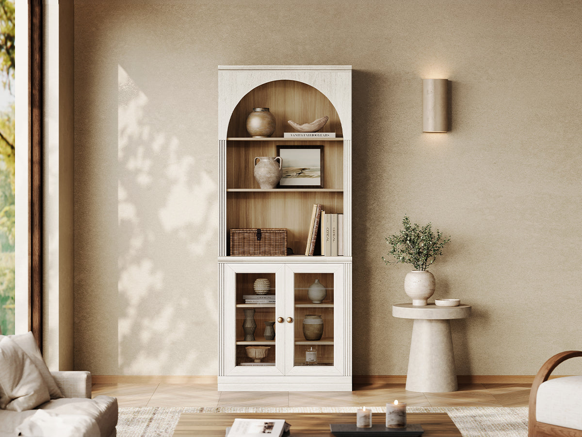 Monos white flat-top display cabinet with open shelves and glass doors in a living room