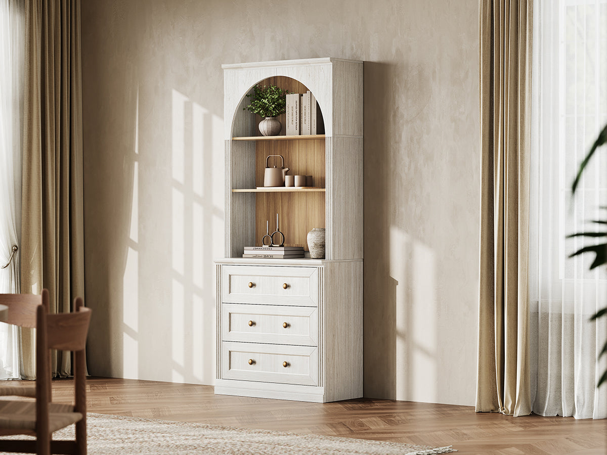 Monos white tall flat-top drawer cabinet styled in a bright lifestyle room scene