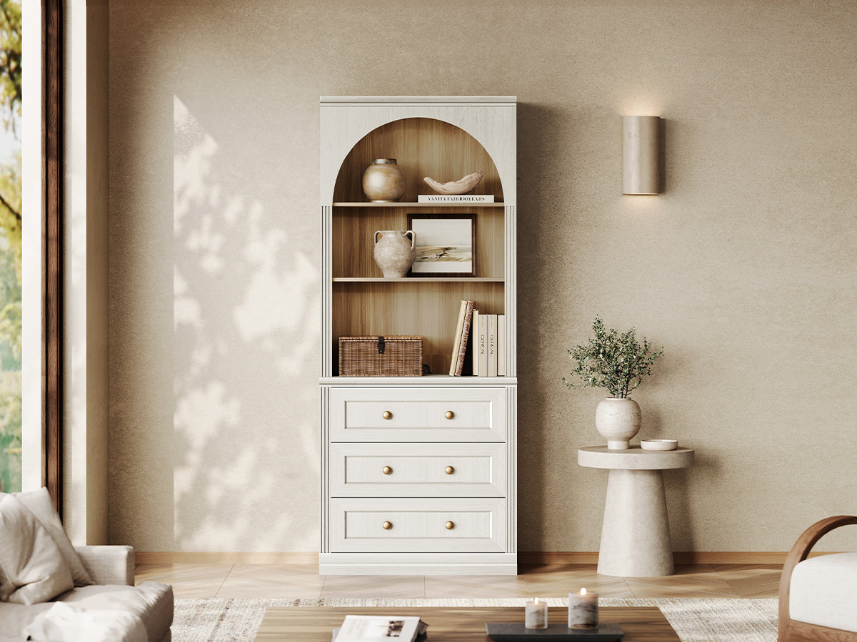 Monos white flat-top drawer cabinet with open shelves and lower drawers in a living room