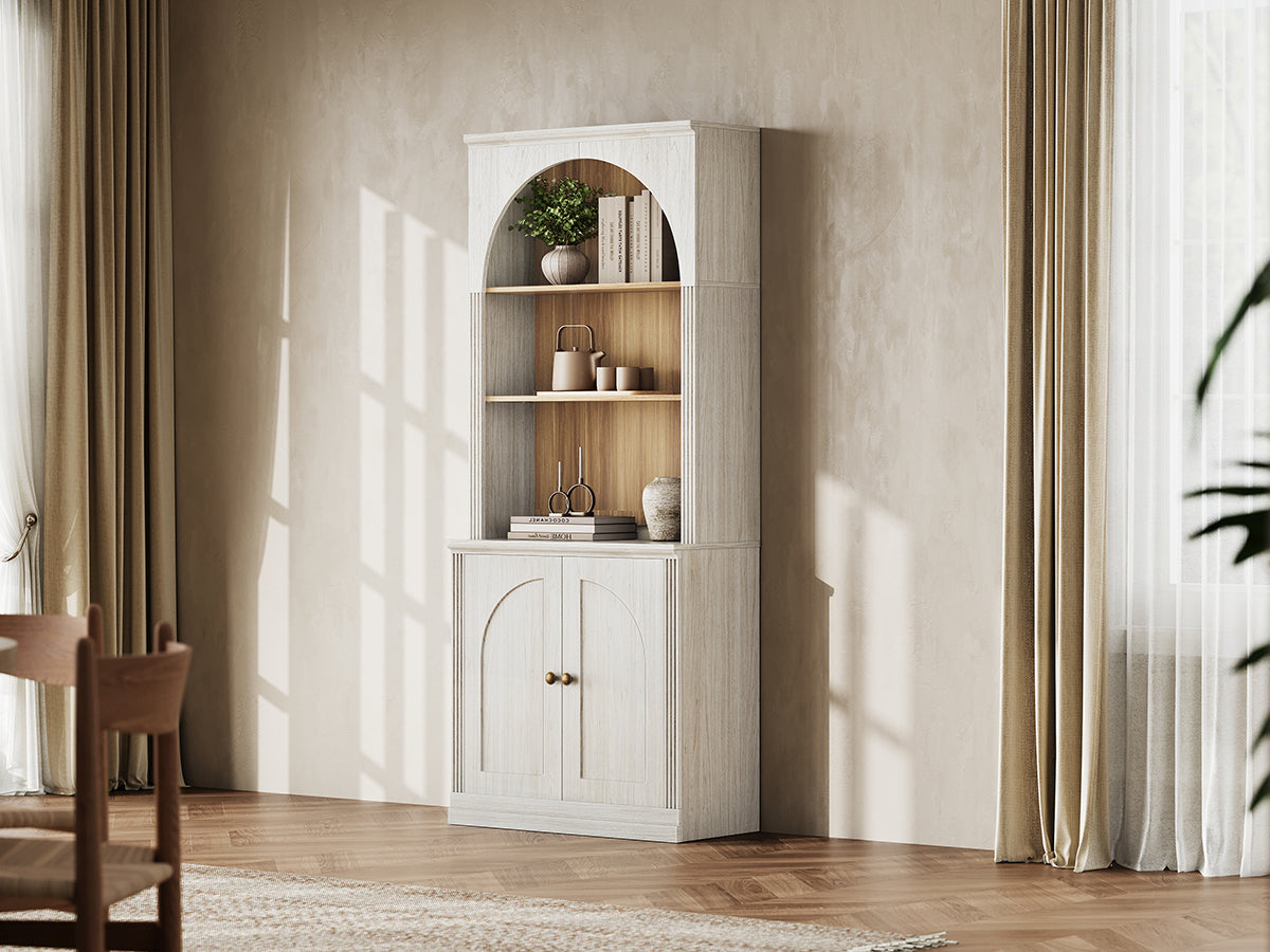 Monos white tall flat-top hinged cabinet styled in a bright lifestyle room scene