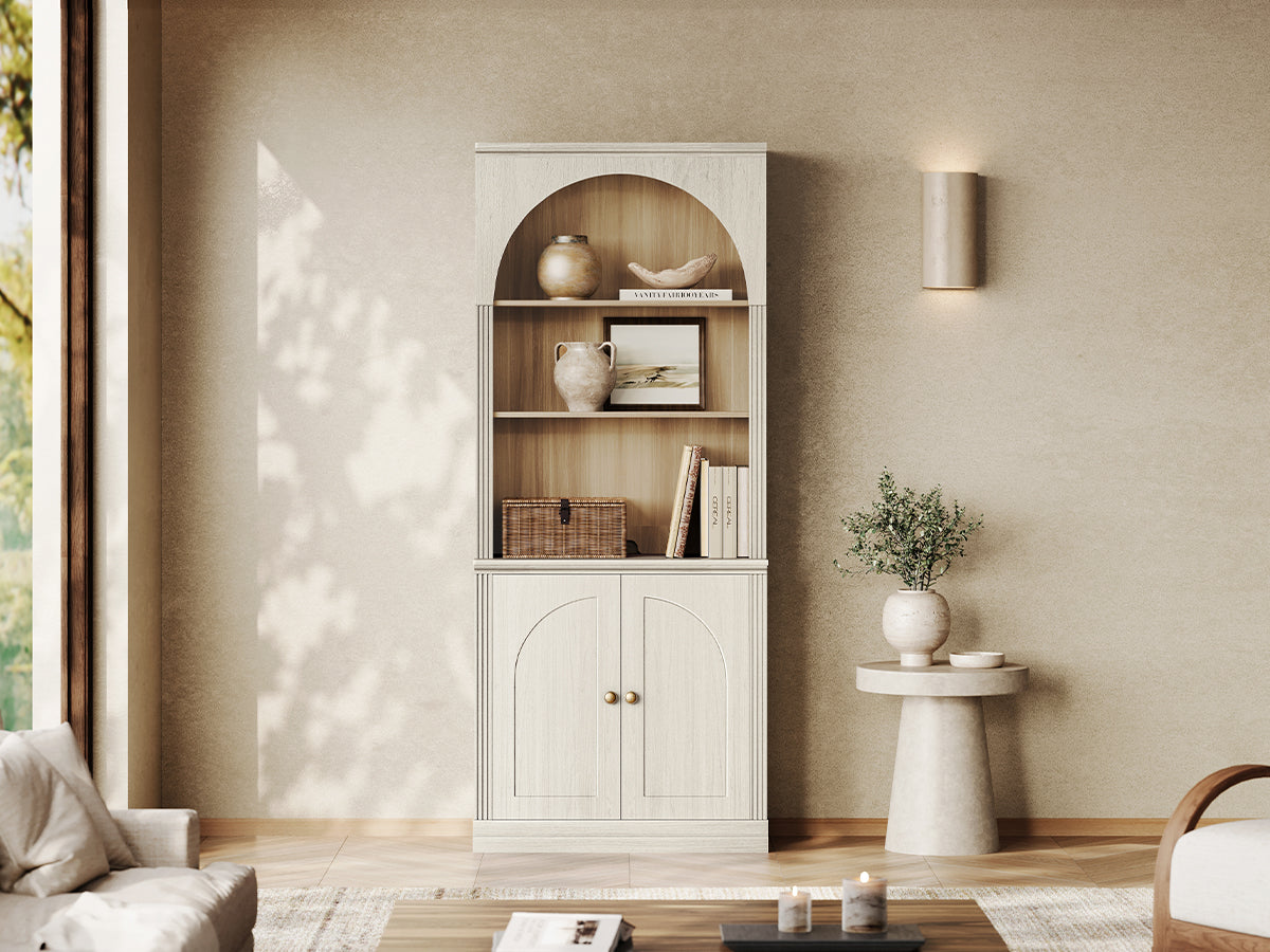 Monos white flat-top storage cabinet with open shelves and lower doors in a living room