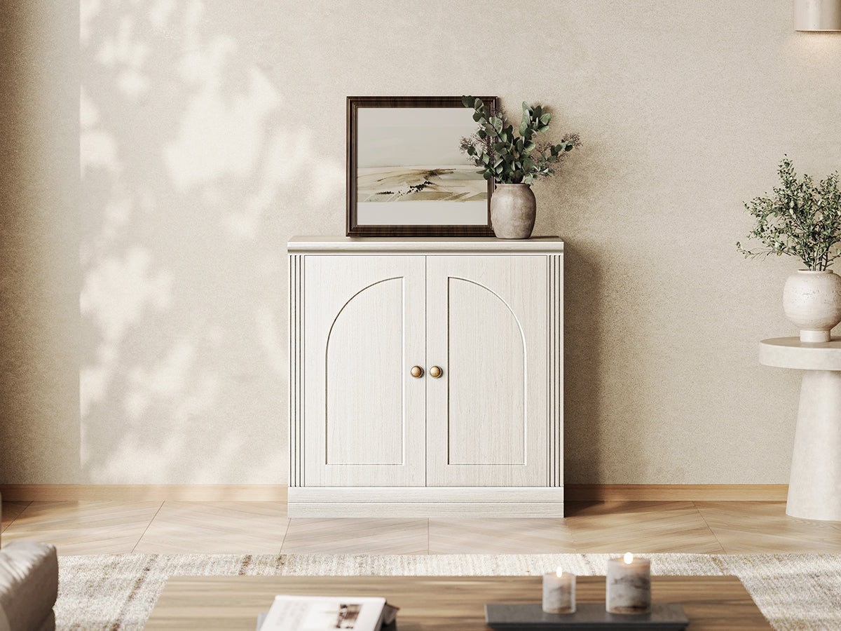 Monos white hinged modular cabinet displayed in a bright living room setting
