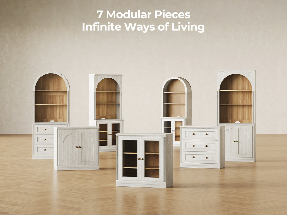 Monos white modular storage cabinet collection with seven configurable pieces