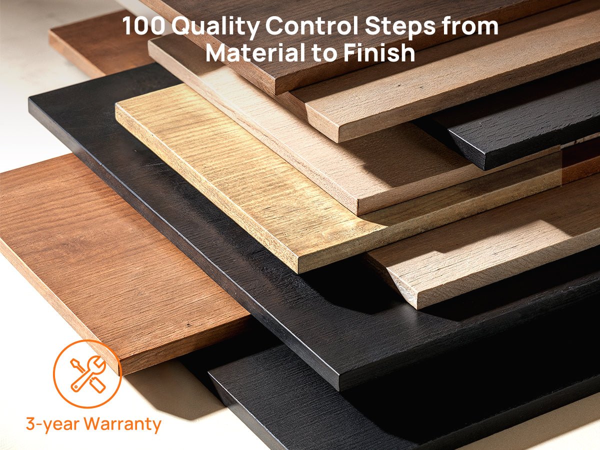 ORYVIA black wavy fluted storage cabinet material detail showing quality control steps, durable finish, and 3-year warranty