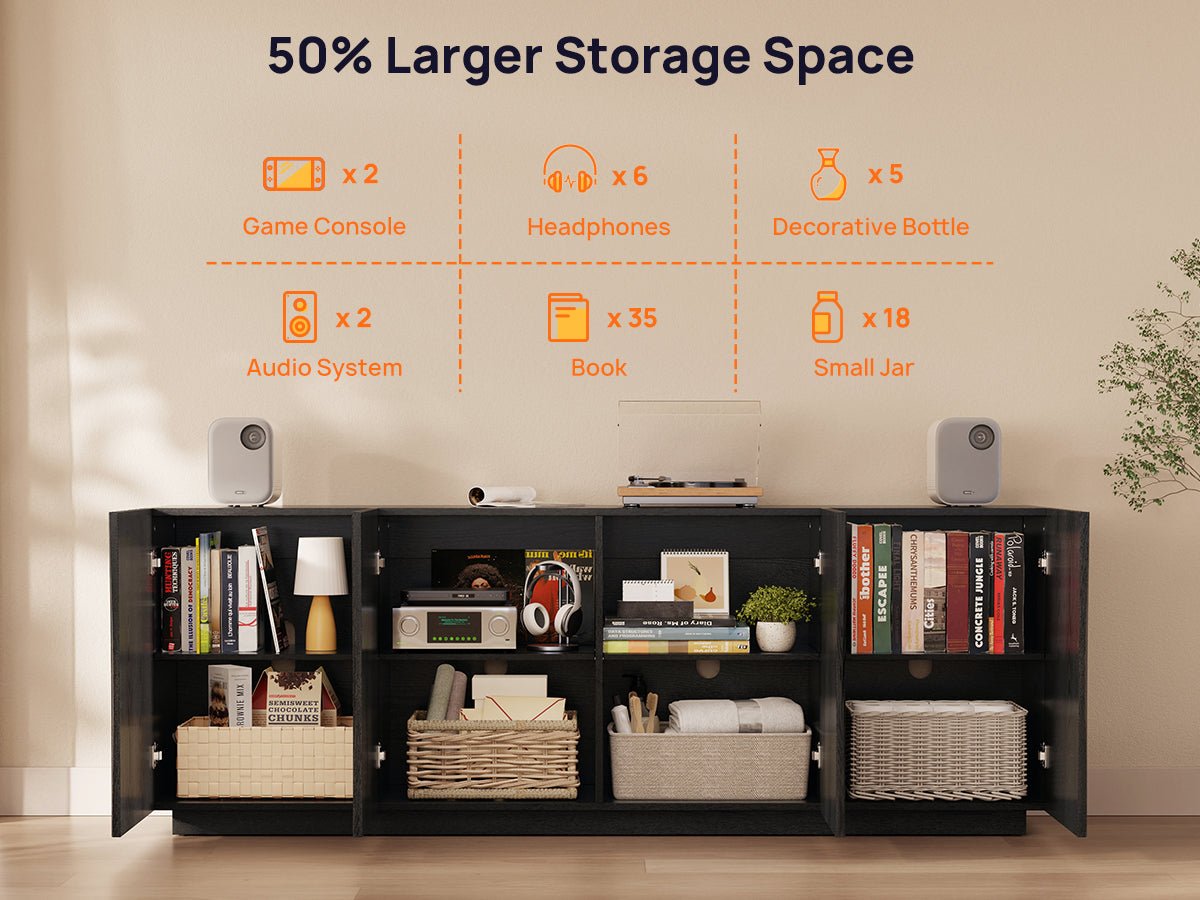 ORYVIA black wavy fluted storage cabinet with open compartments showing expanded storage space for books, baskets, electronics, and daily essentials