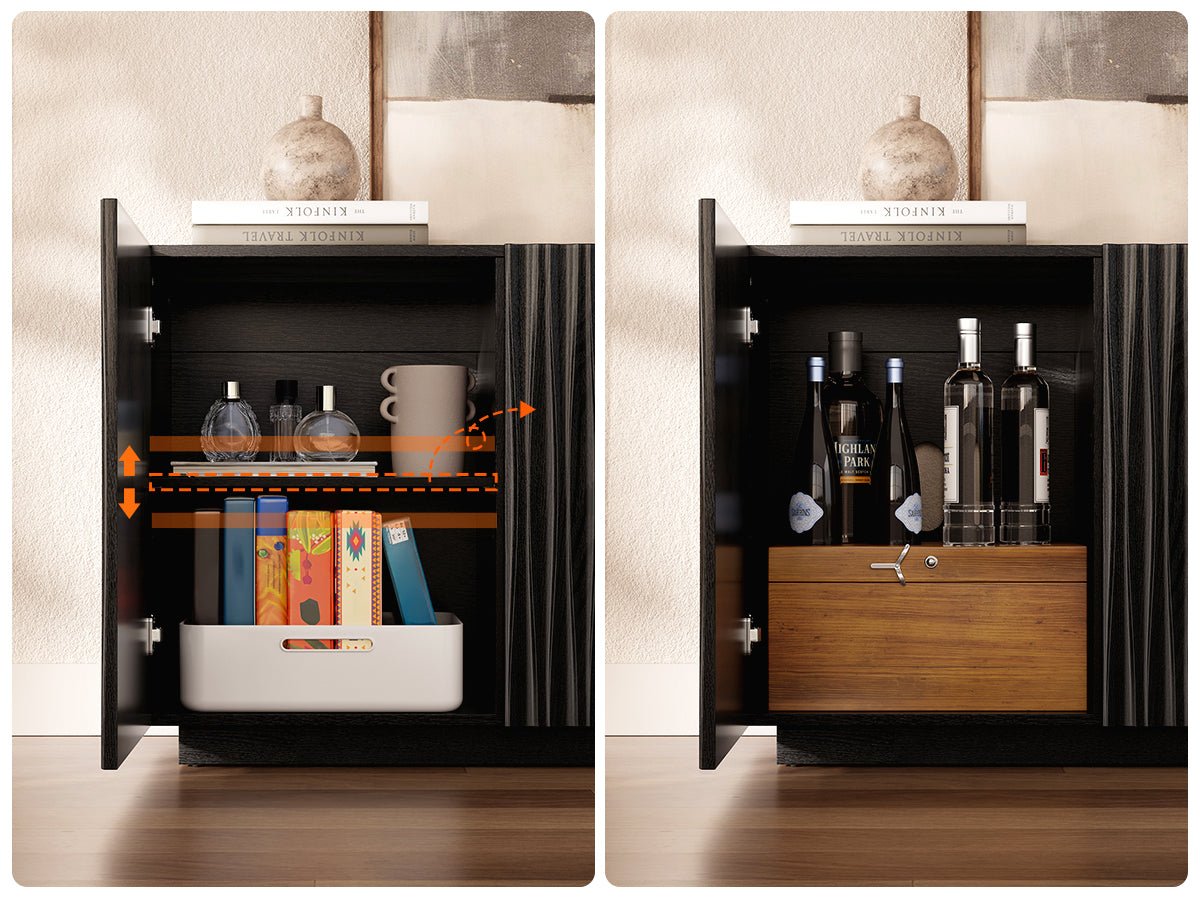 ORYVIA black wavy fluted storage cabinet with adjustable shelves for organizing books, bottles, decor, and media accessories