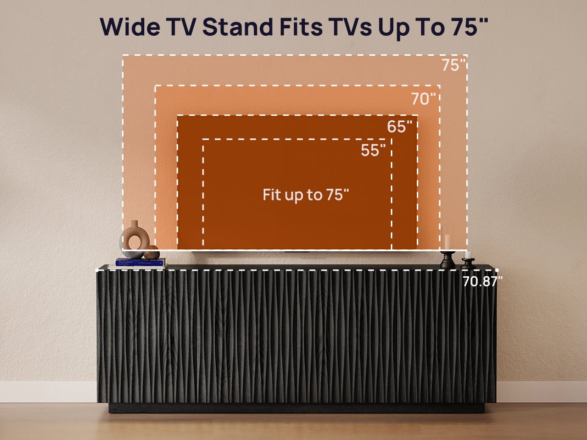 ORYVIA black wavy fluted storage cabinet used as a wide TV stand for televisions up to 75 inches