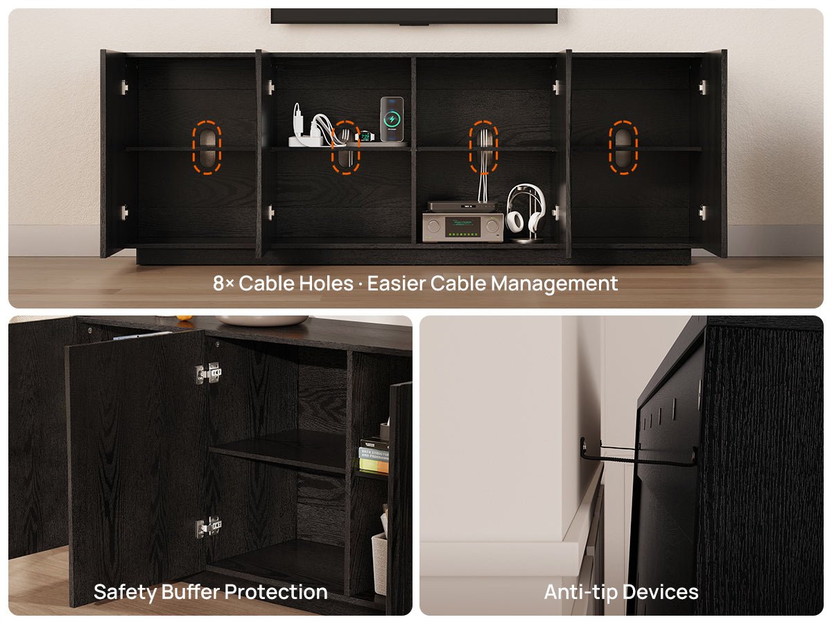 ORYVIA black wavy fluted storage cabinet with hidden cable access, safety protection, and anti-tip device details