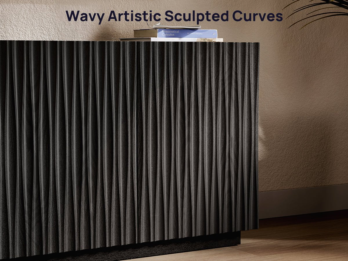 ORYVIA black wavy fluted storage cabinet shown with sculpted wave doors for use in living room, dining room, bedroom, or entryway