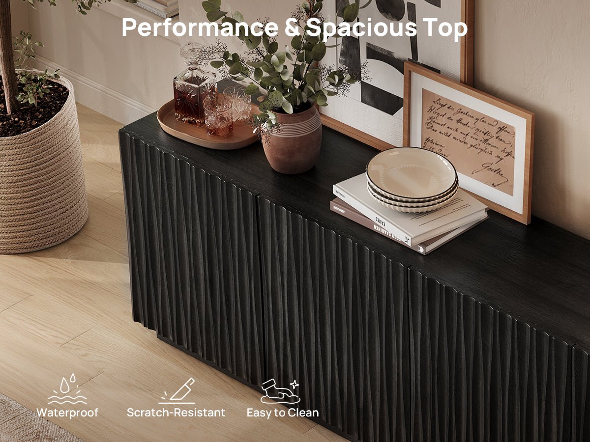 ORYVIA black wavy fluted storage cabinet with a spacious top surface styled with plants, books, decor, and tableware
