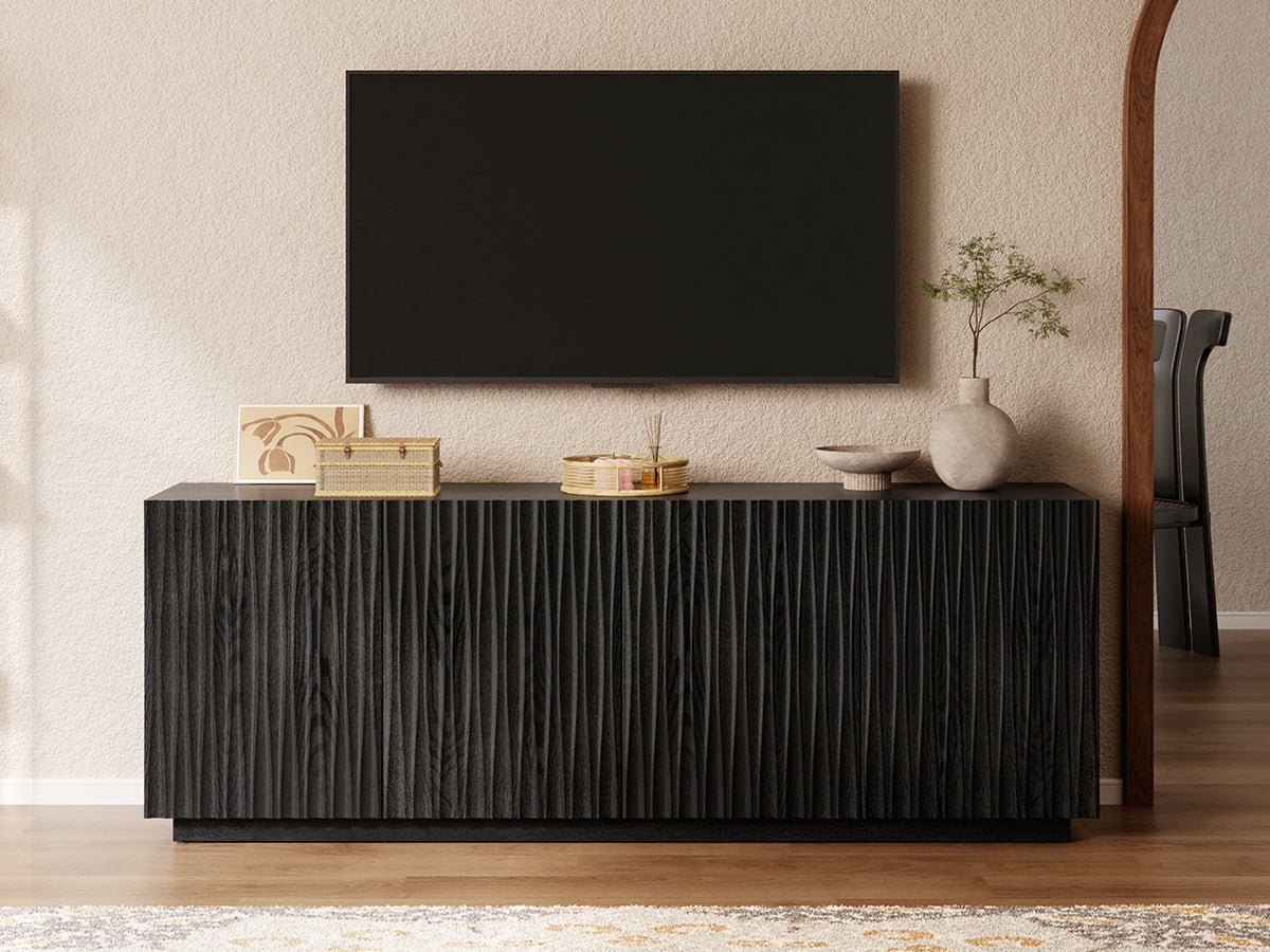 ORYVIA black wavy fluted storage cabinet shown in multiple room scenes as a sideboard, TV stand, accent cabinet, and storage cabinet