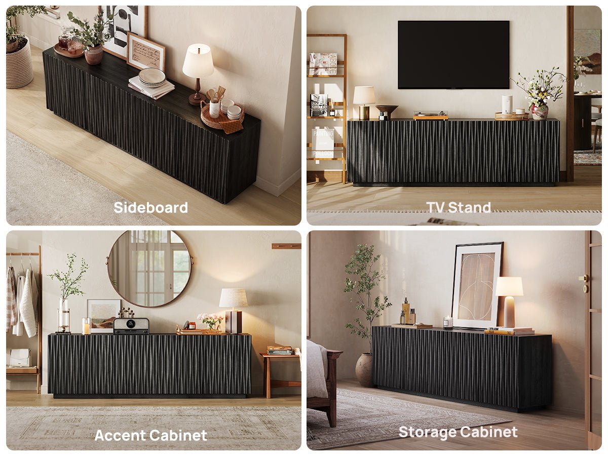 ORYVIA black wavy fluted storage cabinet shown in multiple room scenes as a sideboard, TV stand, accent cabinet, and storage cabinet