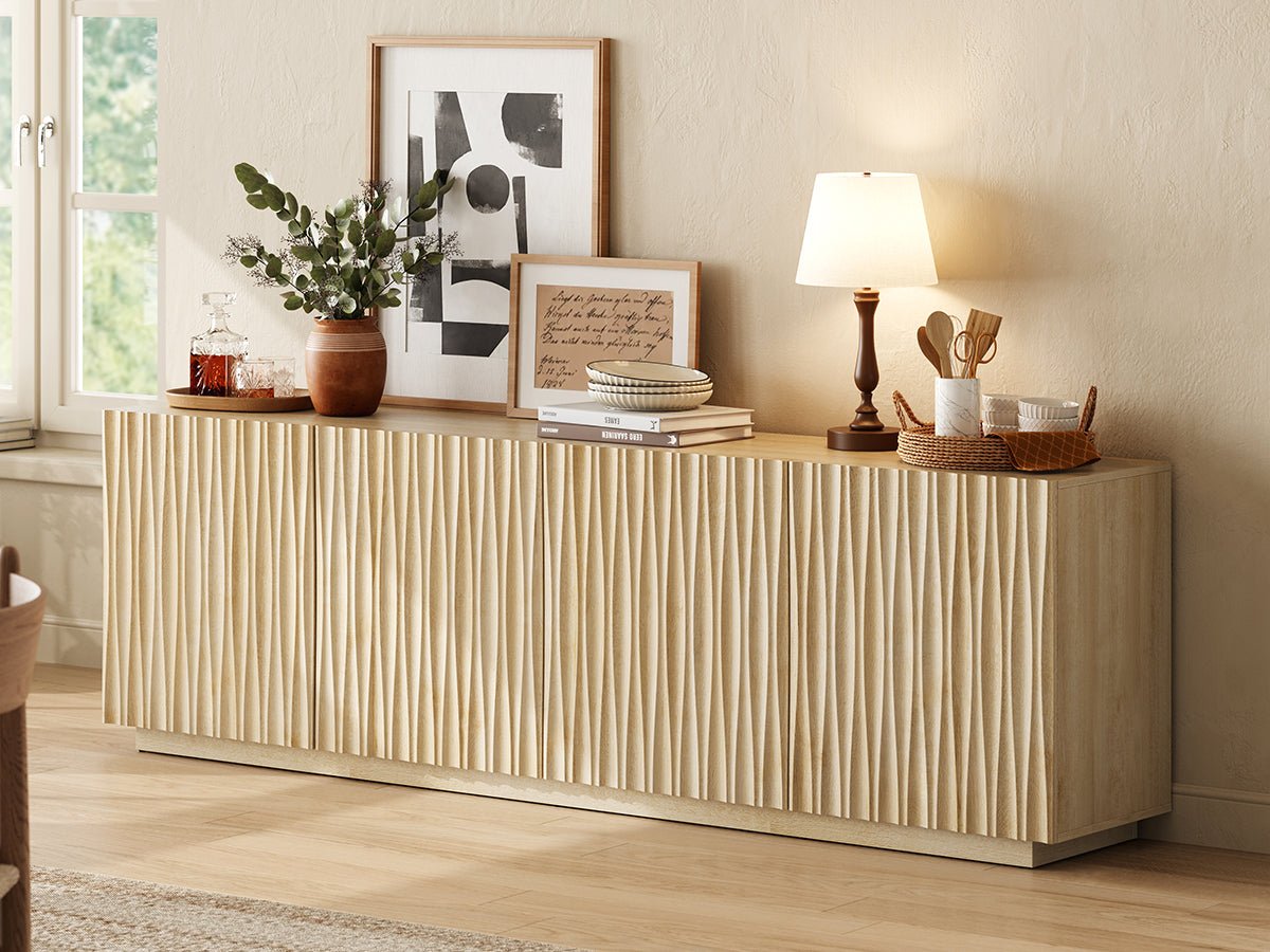 ORYVIA natural wavy fluted storage cabinet styled in a bright living room with lamp, framed art, plants, and decorative accents