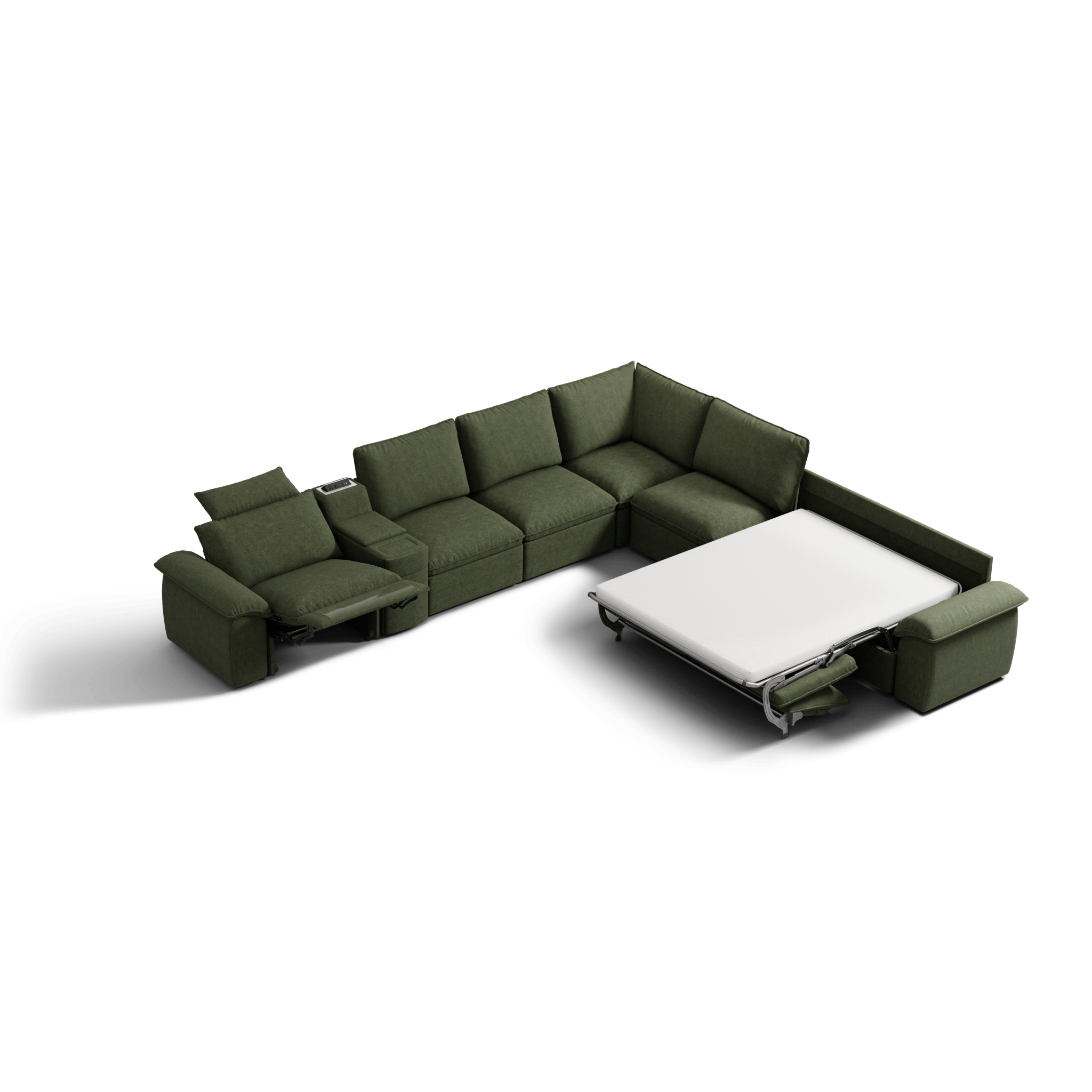 SOMA Oasis II charcoal gray 7 seat V-shaped modular recliner sofa with hidden one-pull sofa bed and nap armrests