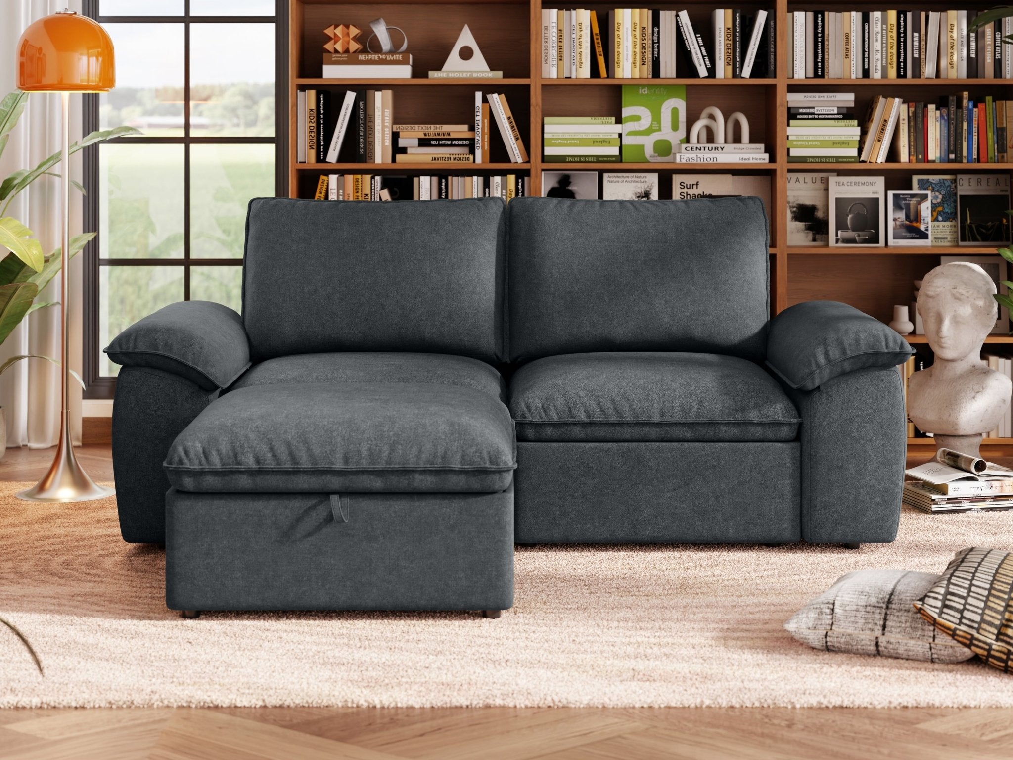 SOMA Origins II charcoal gray 3 seat modular recliner sofa with nap armrests and ottoman