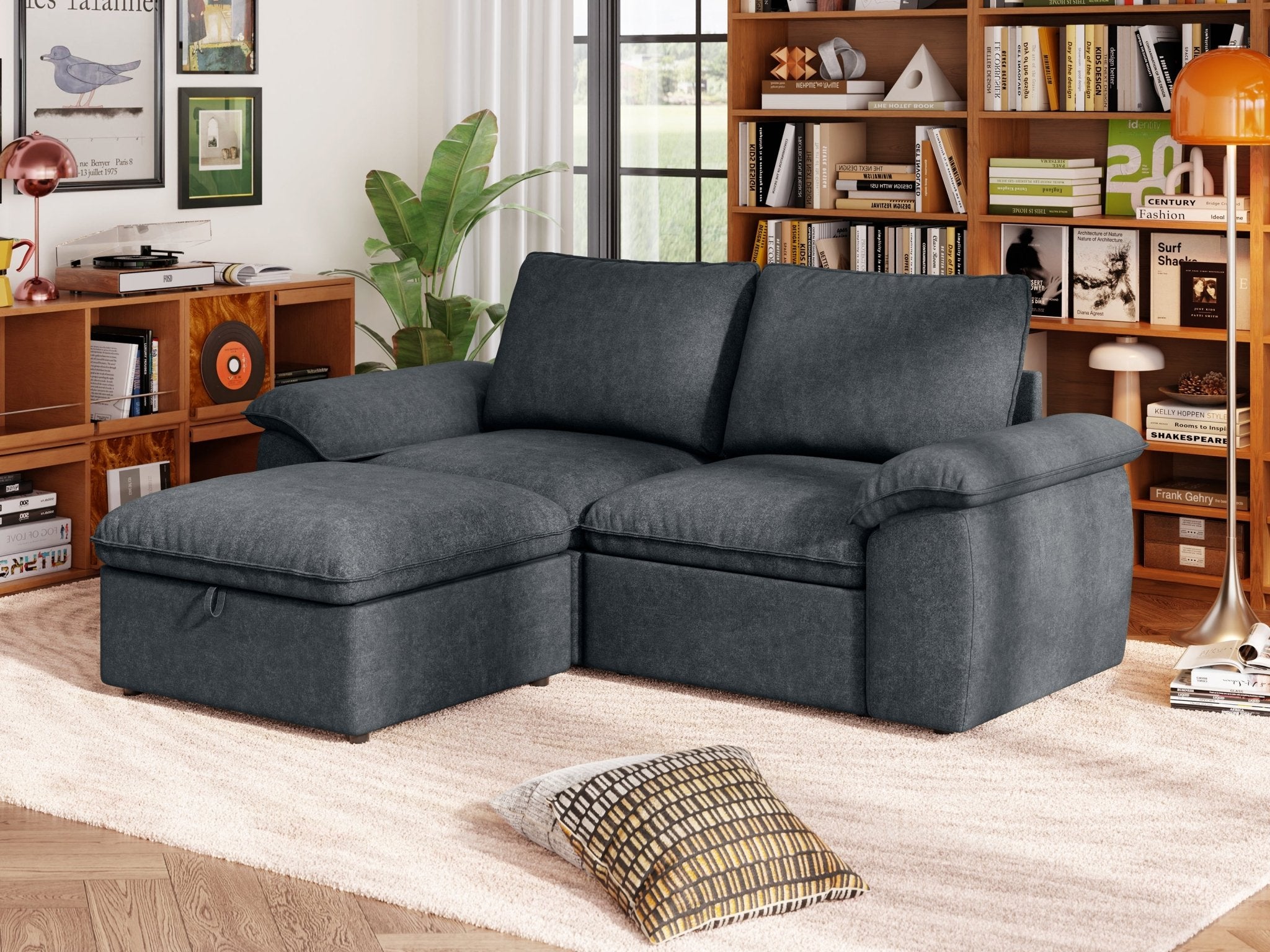 SOMA Origins II charcoal gray 3 seat modular recliner sofa with nap armrests and ottoman
