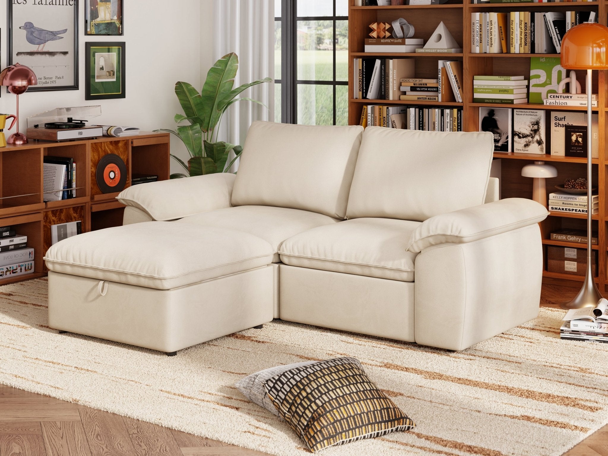SOMA Origins II oat beige 3 seat modular recliner sofa with nap armrests and ottoman