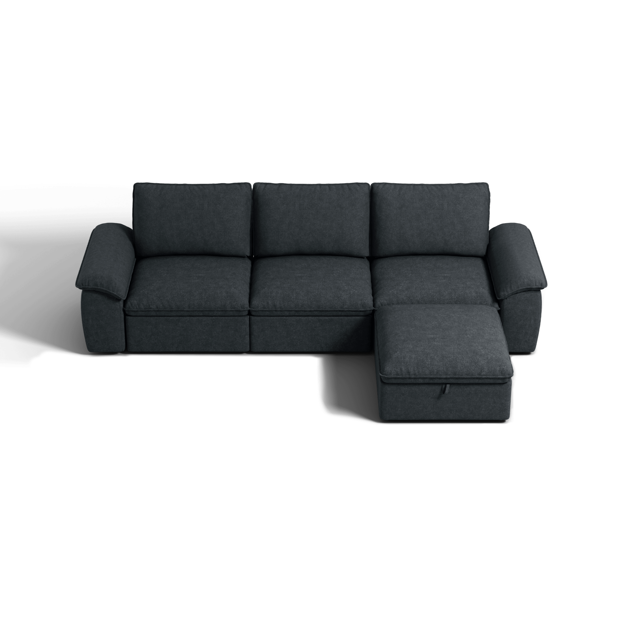 SOMA Origins II charcoal gray L-shaped sofa bed layout with chaise and nap armrests