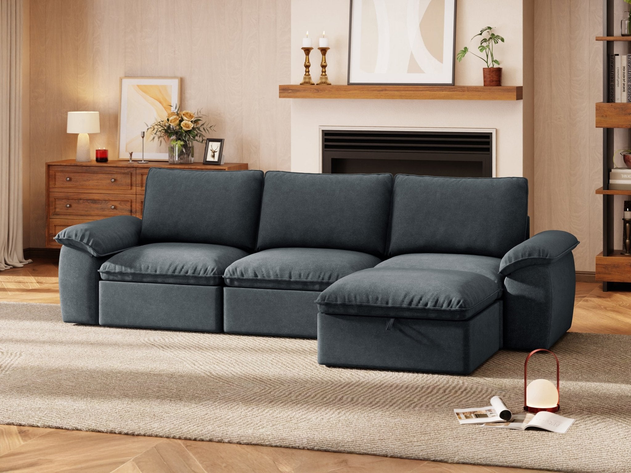 SOMA Origins II charcoal gray 4 seat L-shaped modular recliner sofa with nap armrests and ottoman
