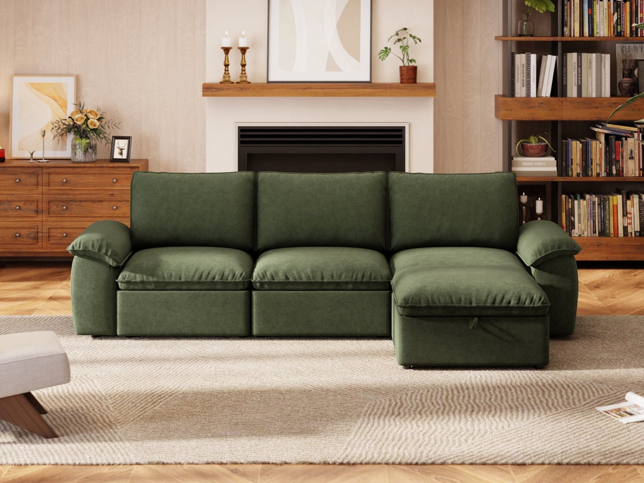 SOMA Origins II forest green 4 seat L-shaped modular recliner sofa with nap armrests and ottoman