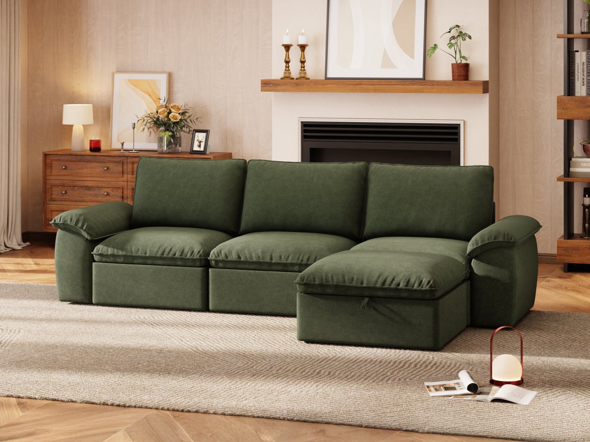 SOMA Origins II forest green 4 seat L-shaped modular recliner sofa with nap armrests and ottoman