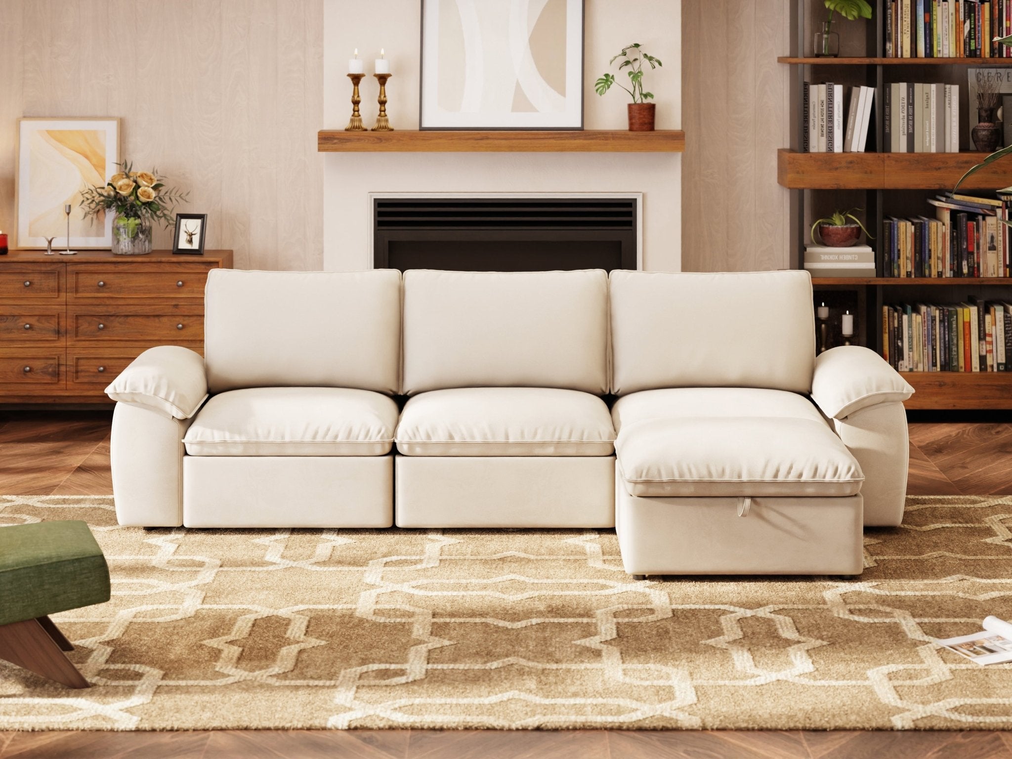SOMA Origins II oat beige 4 seat L-shaped modular recliner sofa with nap armrests and ottoman