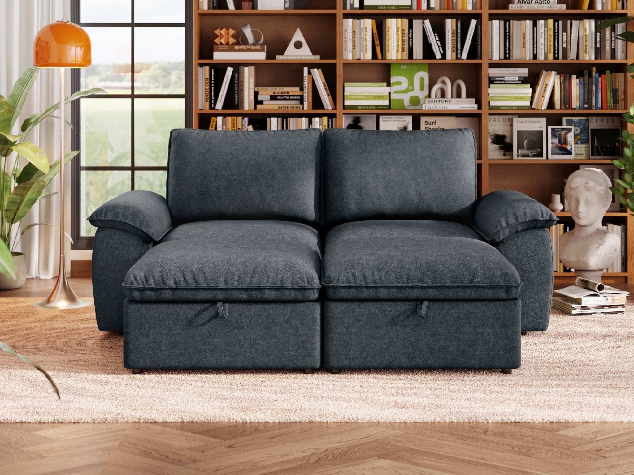 SOMA Origins II charcoal gray 4 seat modular recliner sofa with nap armrests and ottoman