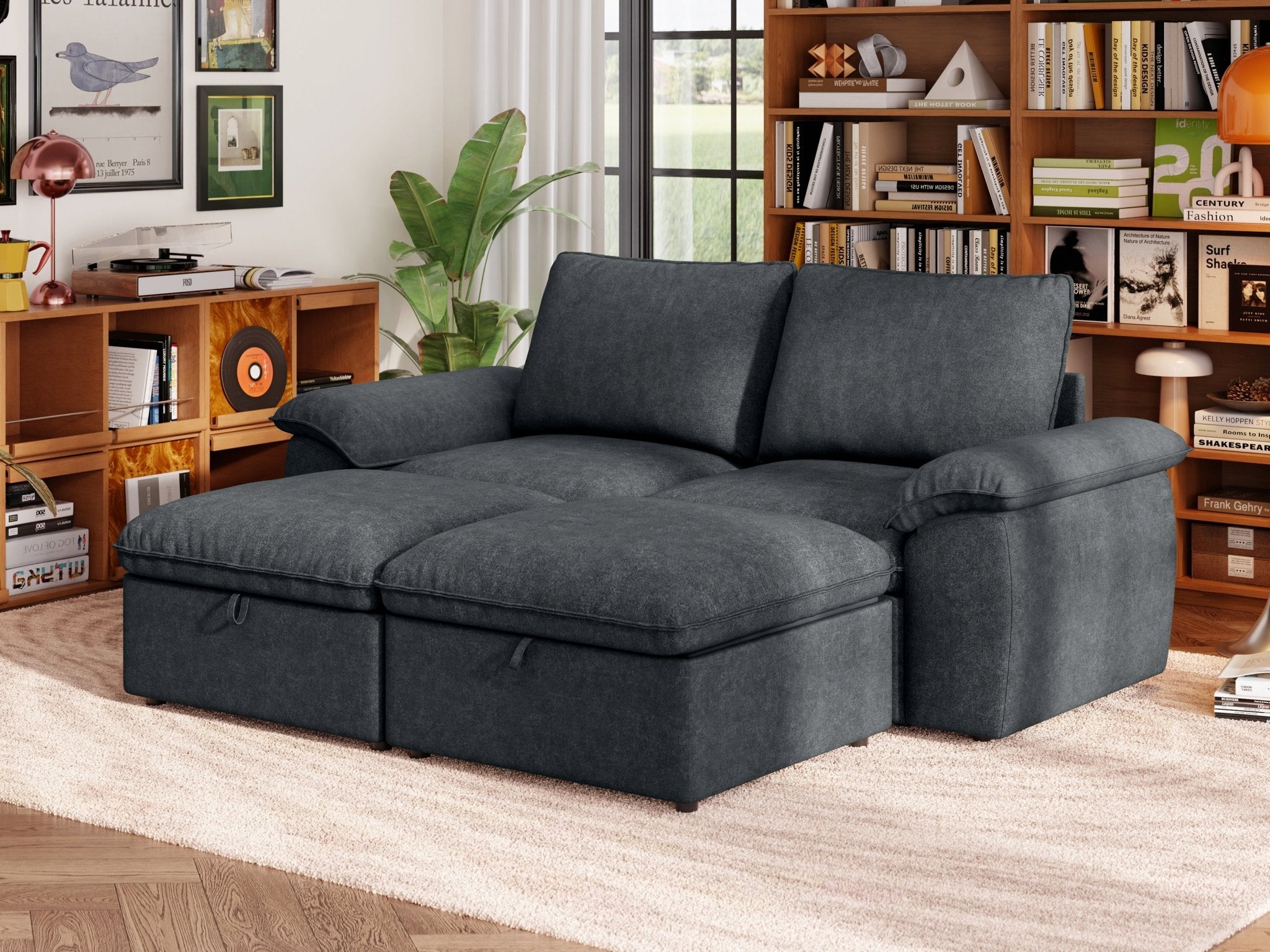 SOMA Origins II charcoal gray 4 seat modular recliner sofa with nap armrests and ottoman