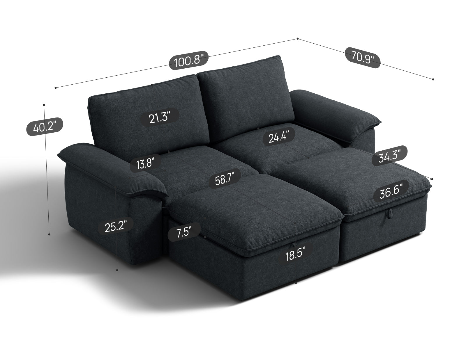 SOMA Origins II charcoal gray sofa shown with dimension details