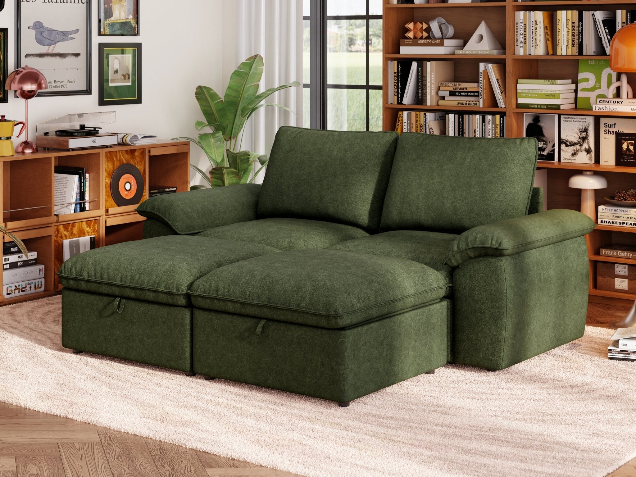 SOMA Origins II forest green 4 seat modular recliner sofa with nap armrests and ottoman