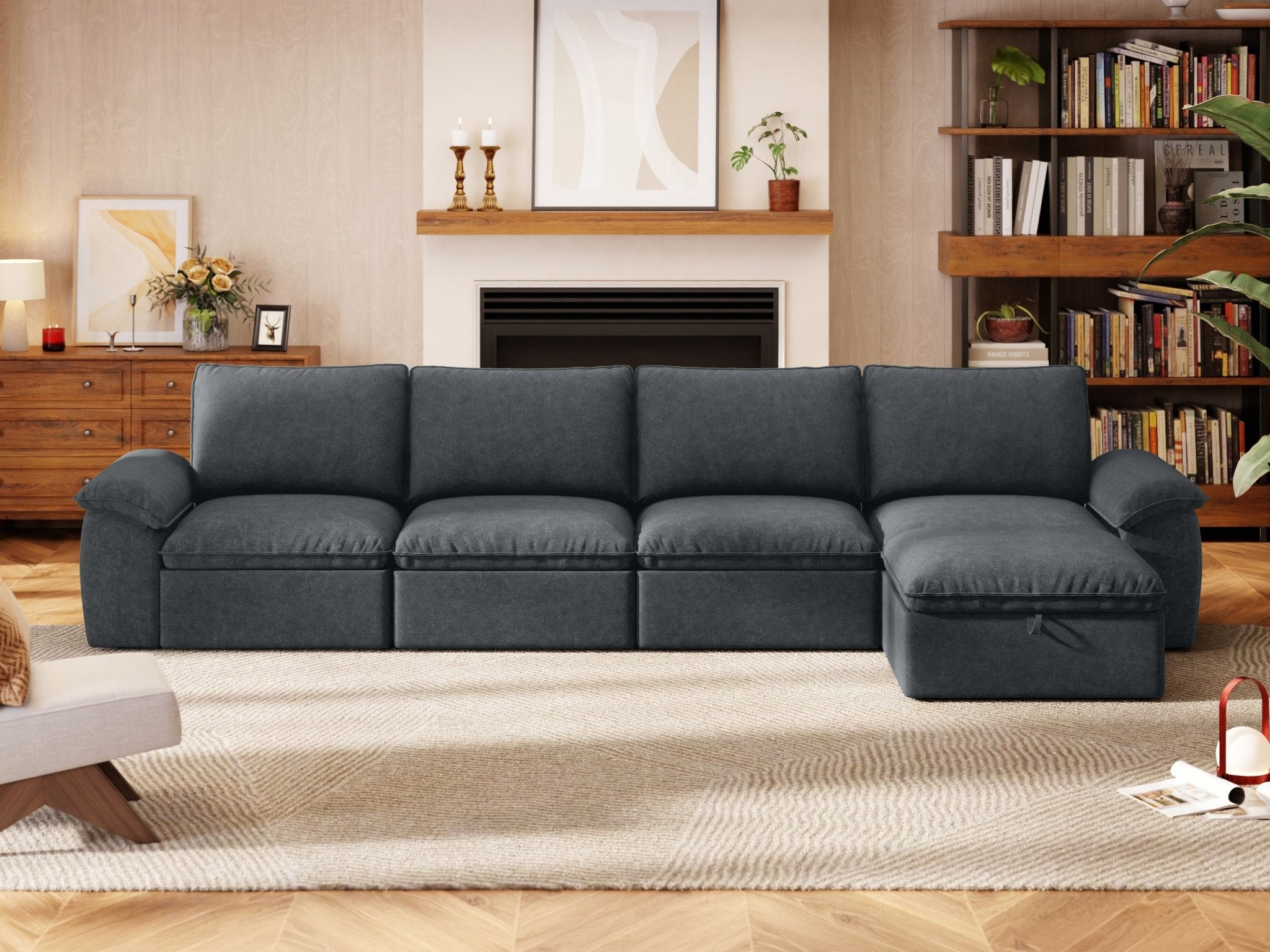 SOMA Origins II charcoal gray 5 seat L-shaped modular recliner sofa with nap armrests and ottoman