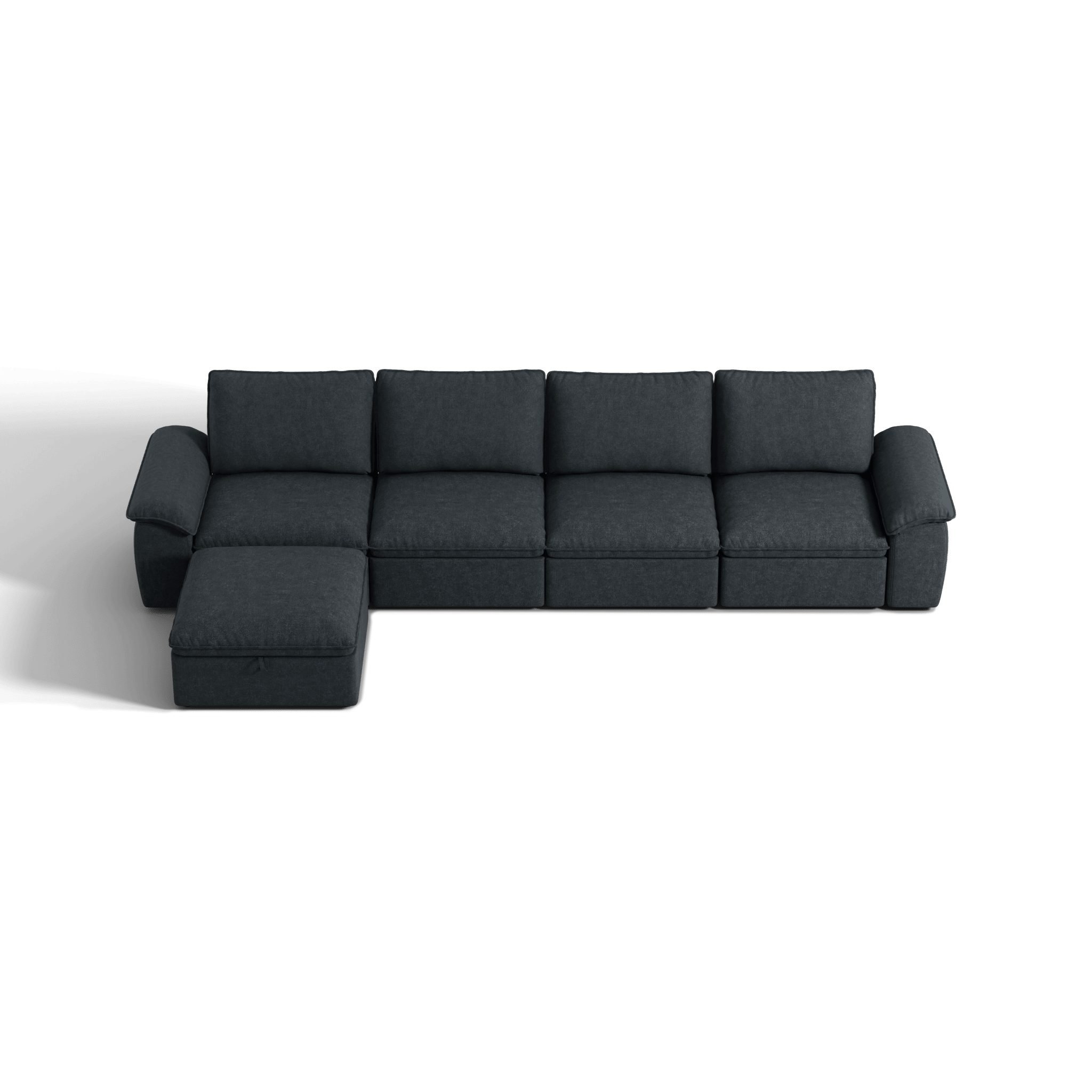 SOMA Origins II charcoal gray L-shaped sofa bed layout with chaise and nap armrests