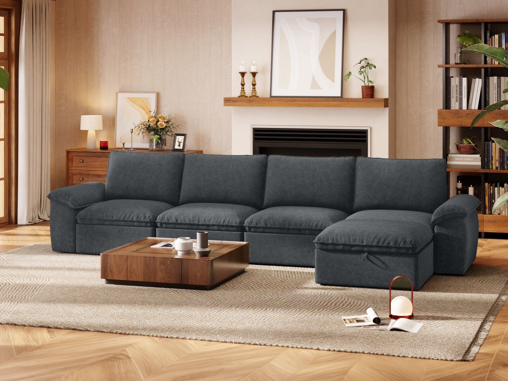 SOMA Origins II charcoal gray 5 seat L-shaped modular recliner sofa with nap armrests and ottoman