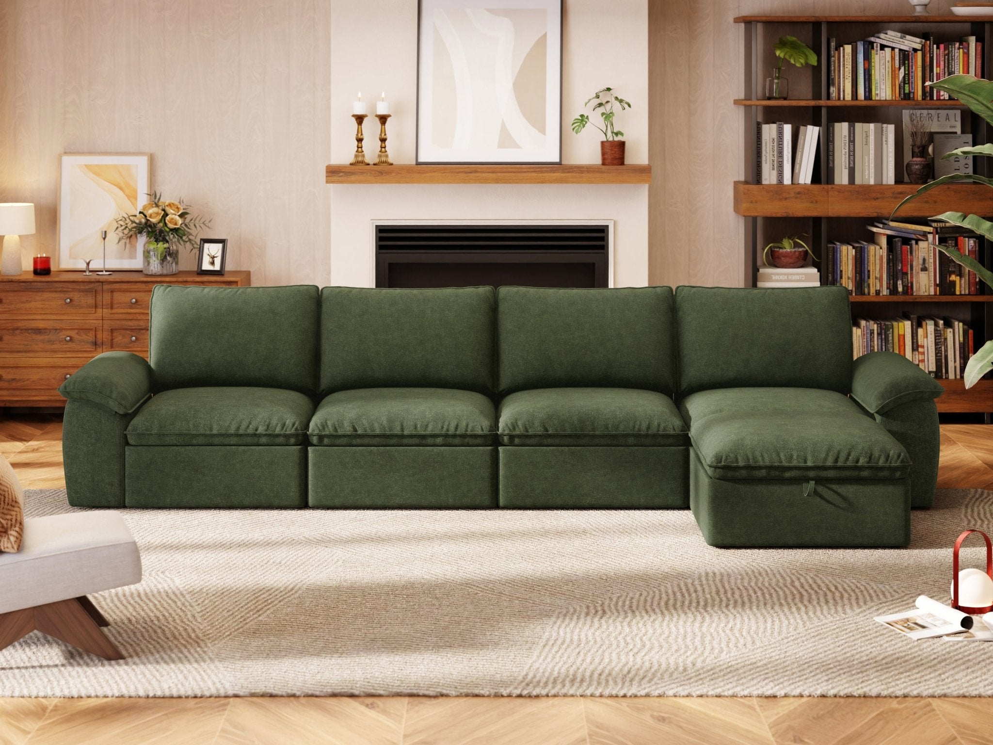 SOMA Origins II forest green 5 seat L-shaped modular recliner sofa with nap armrests and ottoman