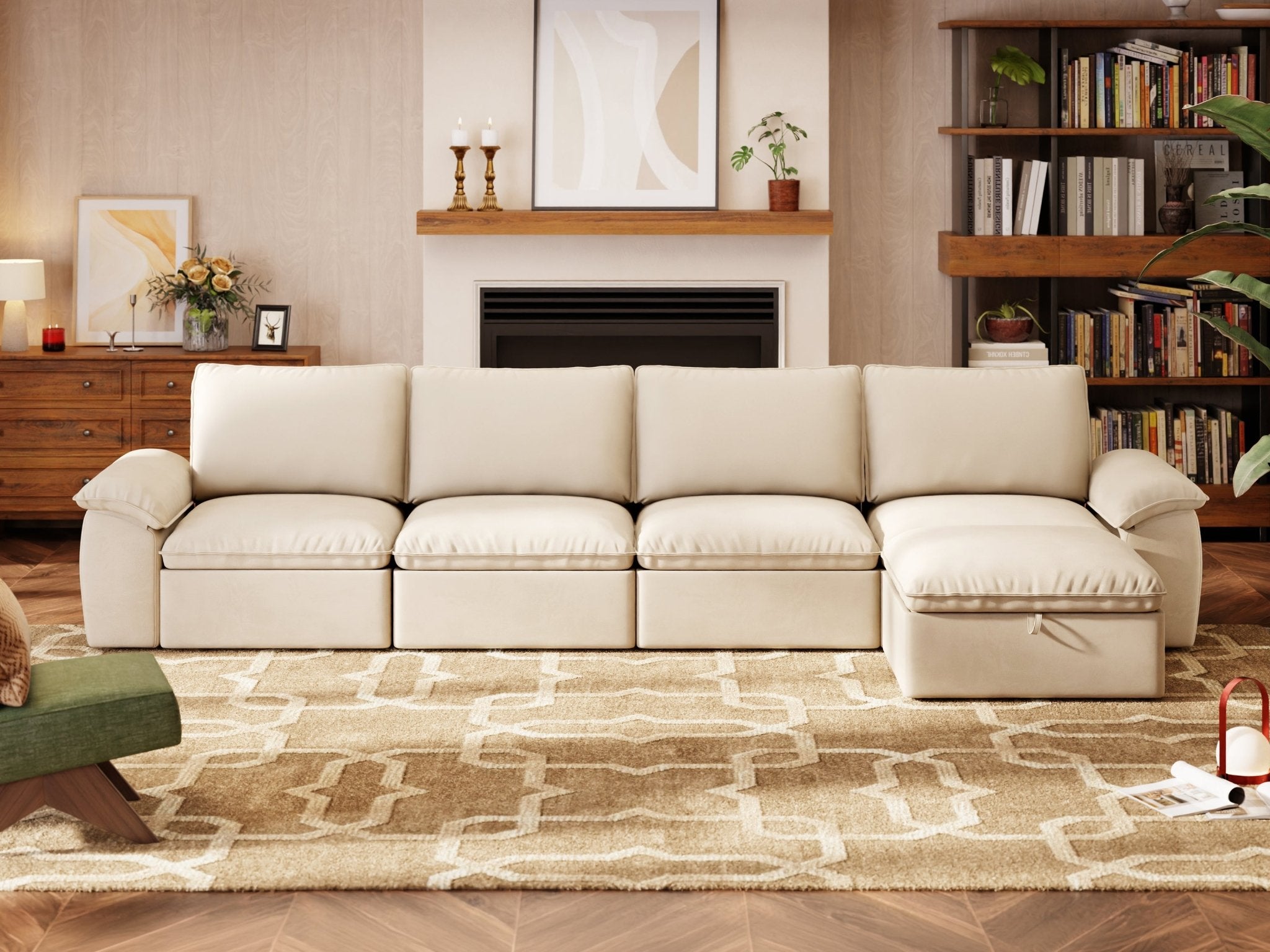 SOMA Origins II oat beige 5 seat L-shaped modular recliner sofa with nap armrests and ottoman